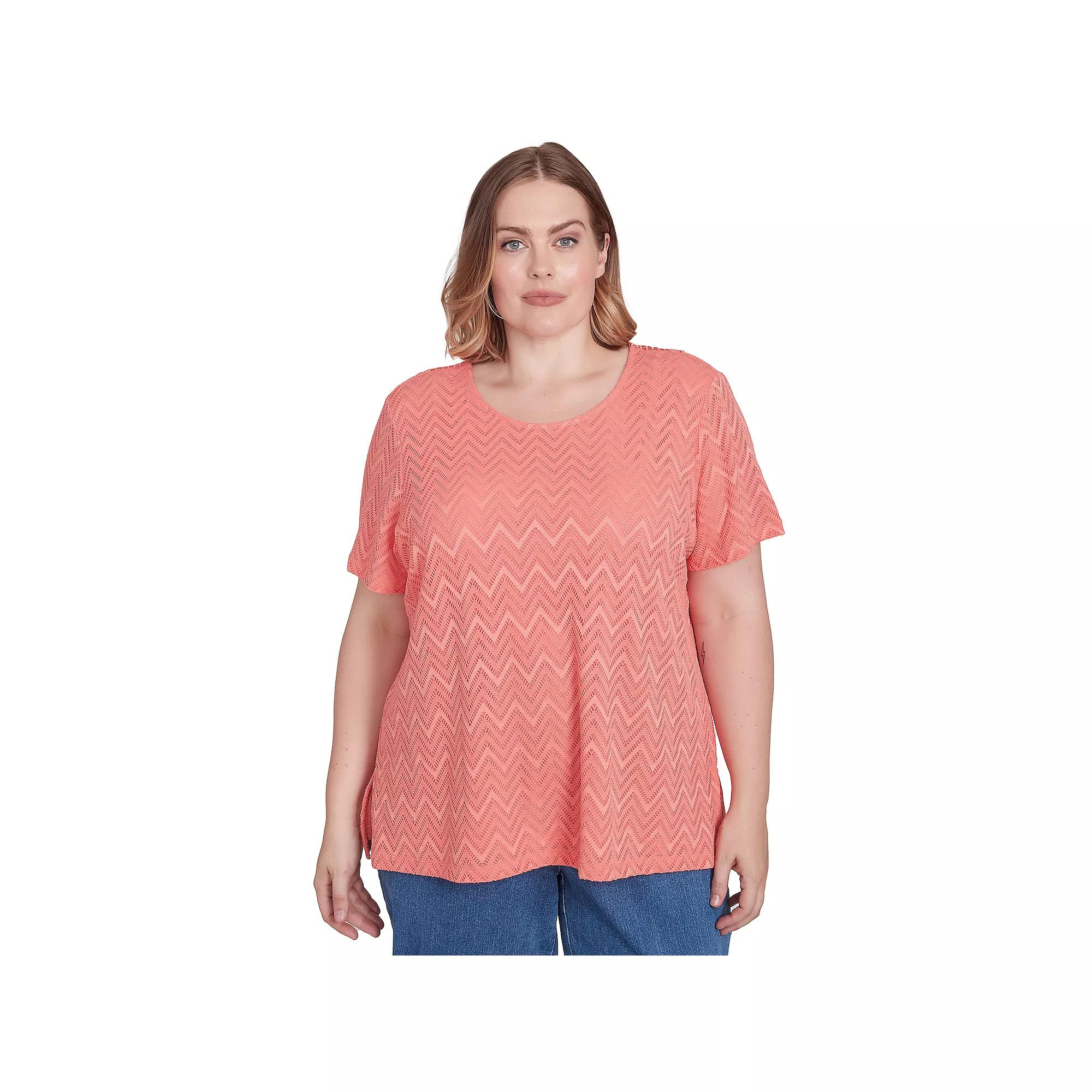 Plus Size Alfred Dunner Textured Chevron Lace Back Tee, Women's, Size: 3XL, Pink Product Image