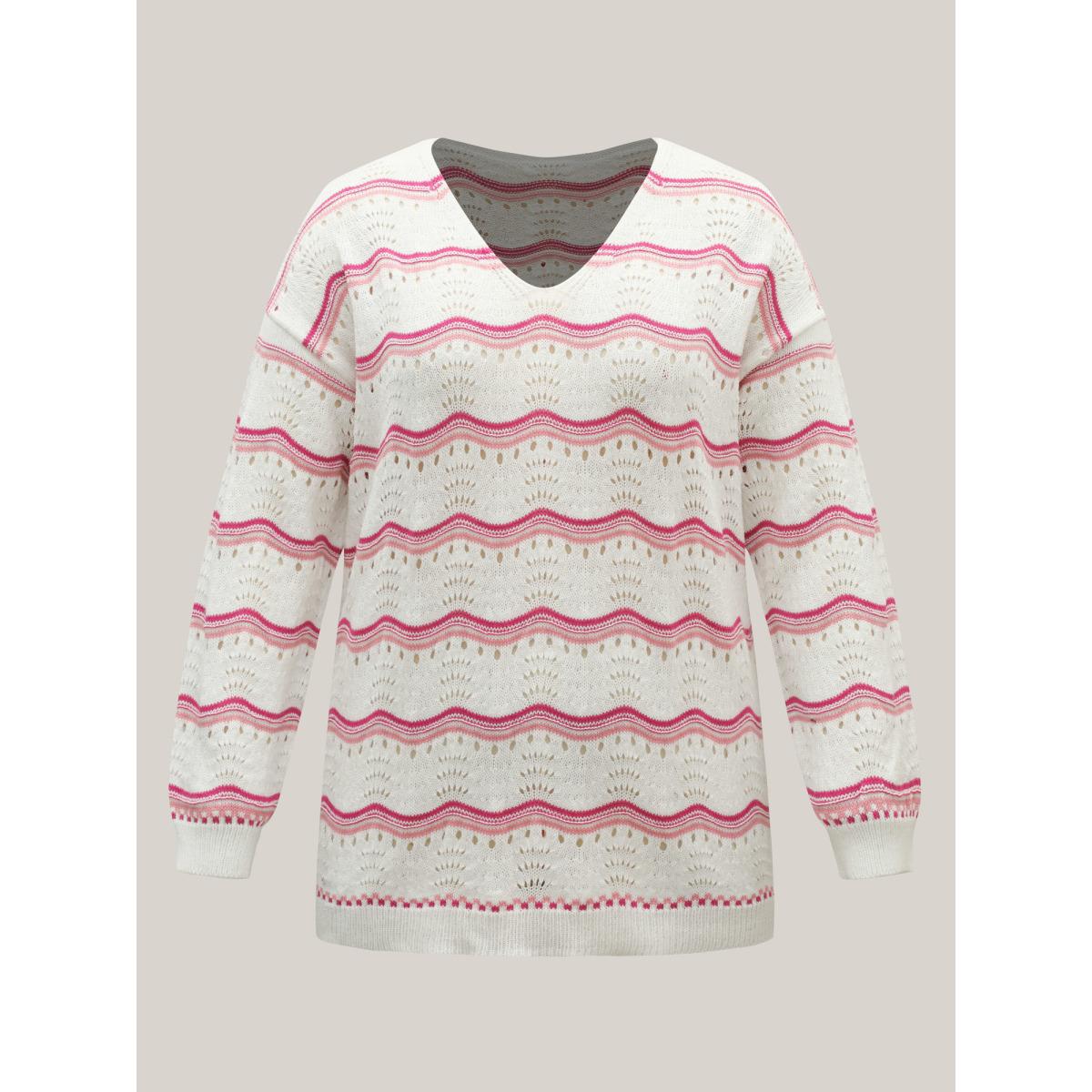 Plus Size Wavy Print Eyelet Lace Knit Swim Cover-Up Women's Swimwear Ivory Beach Loose Texture Curve Swim Cover Ups BloomChic 18-20/2X Product Image