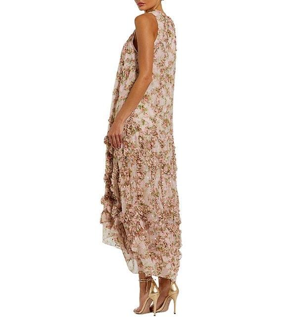 Mac Duggal Mock Neck Micro Ruffle Printed Chiffon Shift Midi Dress Product Image