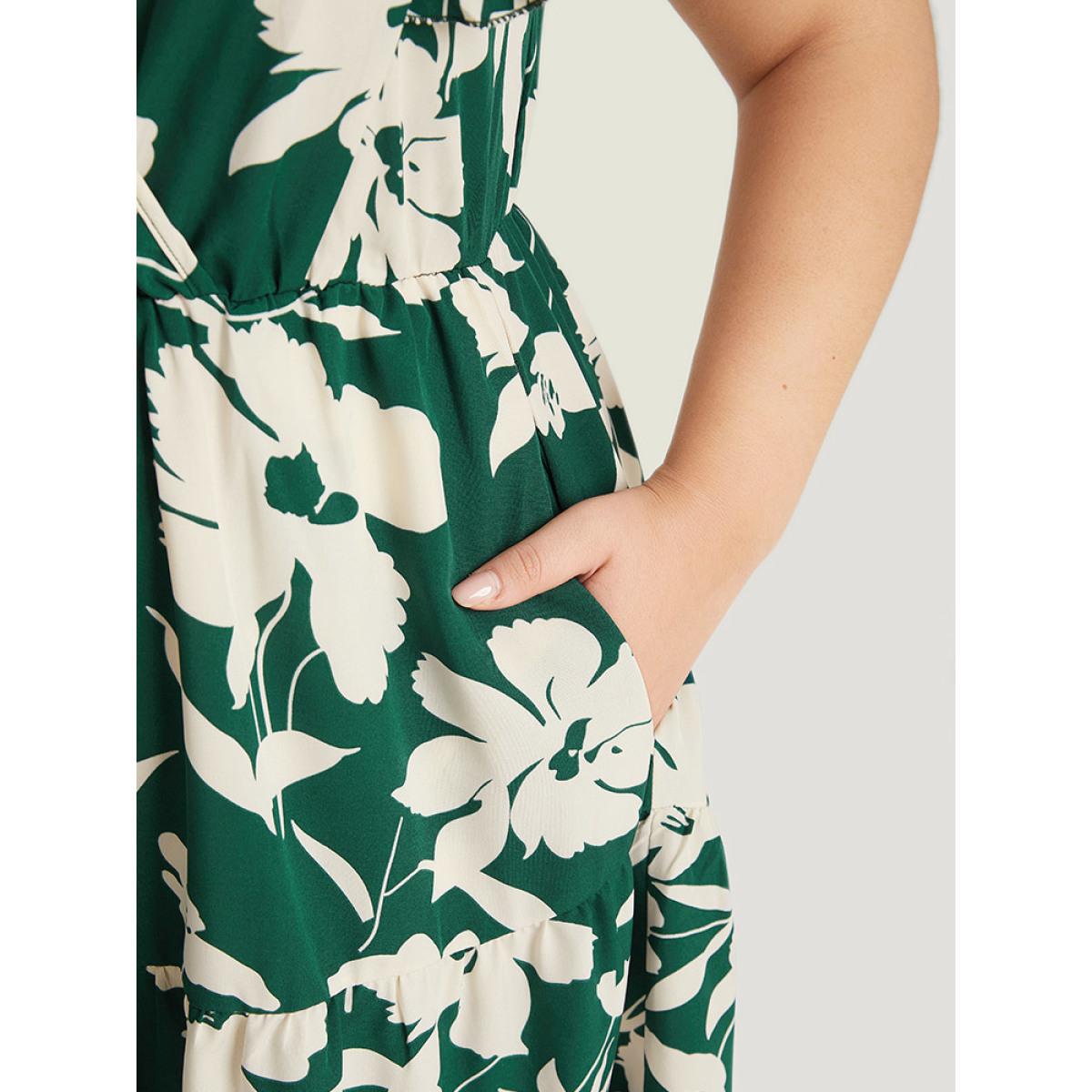 Plus Size Floral Ruffles Cap Sleeve Pocket Button Wrap Dress Green Women Elegant Gathered V-neck Sleeveless Curvy Midi Dress BloomChic 30/6X Product Image