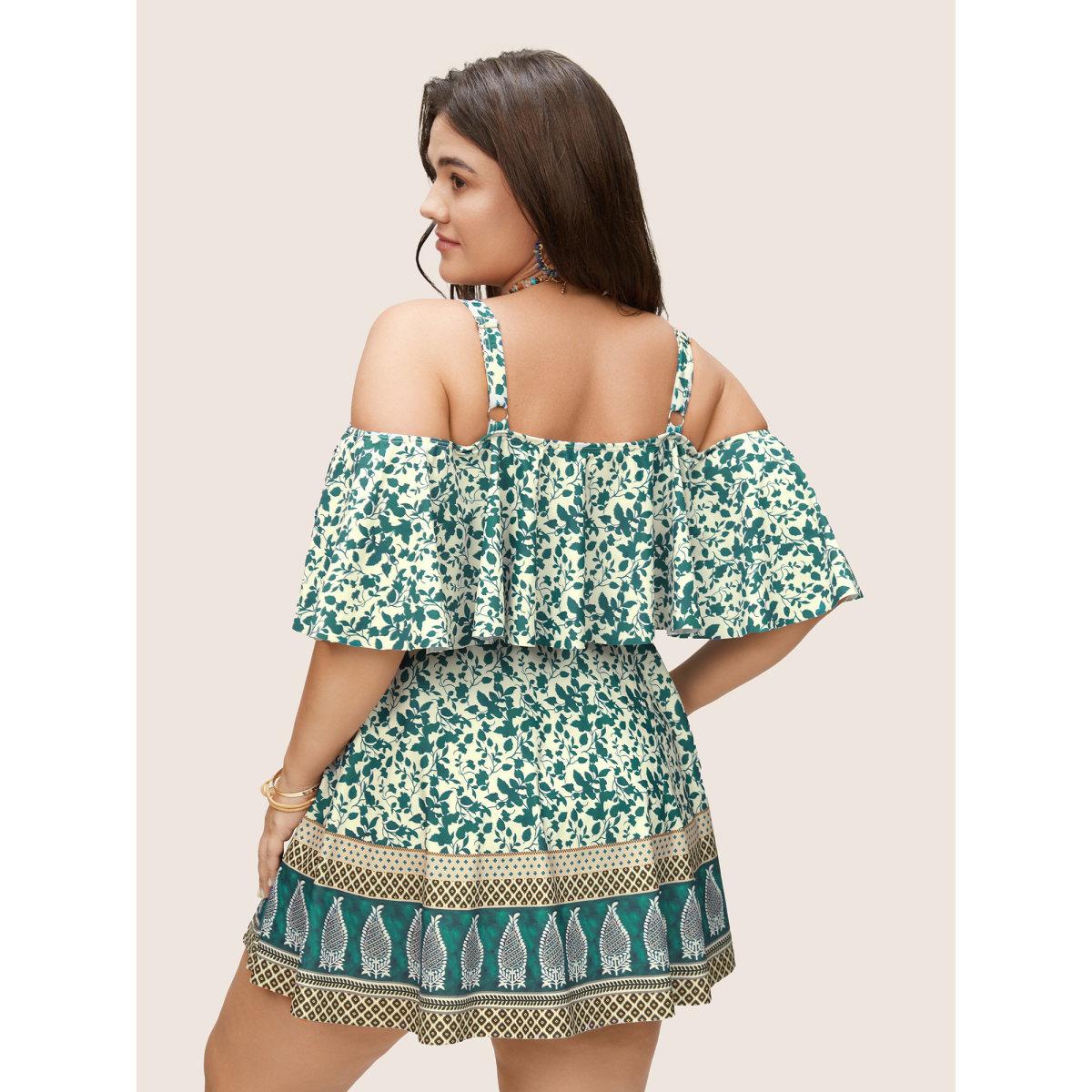 Plus Size Bandana Print Cold Shoulder Swim Dress Women's Swimwear Emerald Beach Bodycon One-shoulder neck High stretch Curve Swim Dresses BloomChic 14-16/1X Product Image