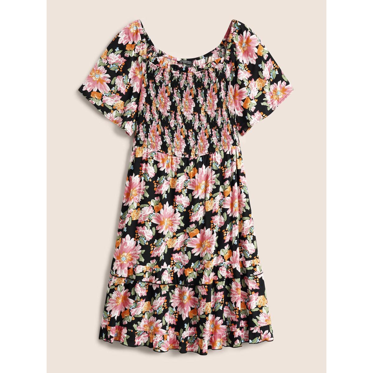 Plus Size Floral Shirred Ruffles Patchwork Pleated Dress Black Women Elegant Non Square Neck Short sleeve Curvy Midi Dress BloomChic 18-20/2X Product Image