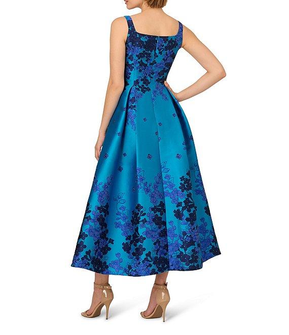 Adrianna Papell Square Neck Sleeveless Floral print Jacquard Fit & Flare Tea Length Dress Product Image