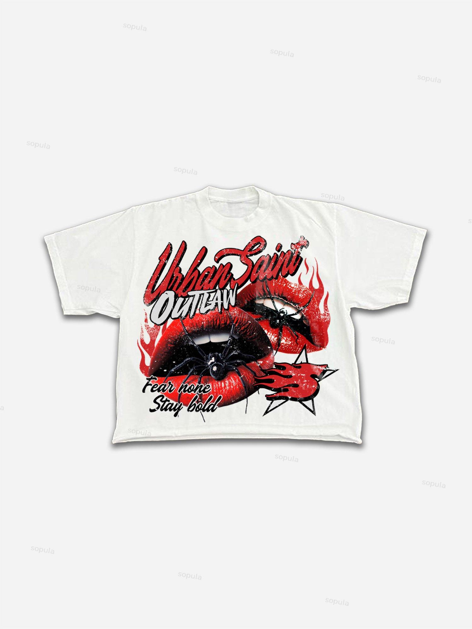 Vintage Spider Red Lip Graphic Cropped T-shirt Product Image