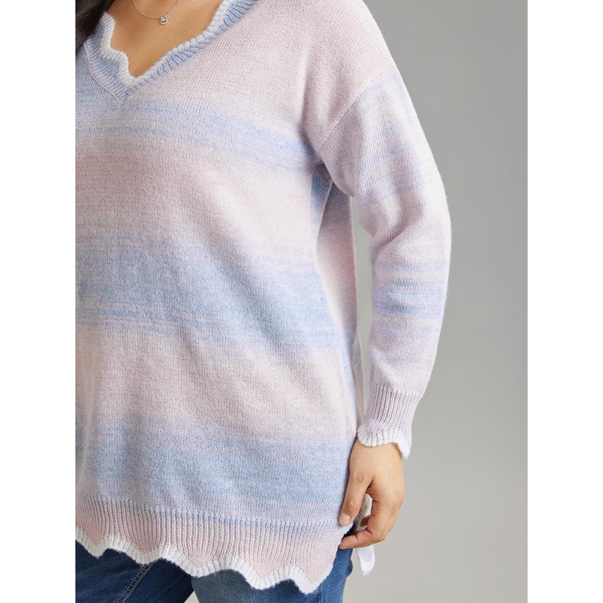 Plus Size Anti-Pilling Ombre Heather Scalloped Trim Pullover Crepe Women Casual Loose Long Sleeve V-neck Dailywear Pullovers BloomChic 30/6X Product Image
