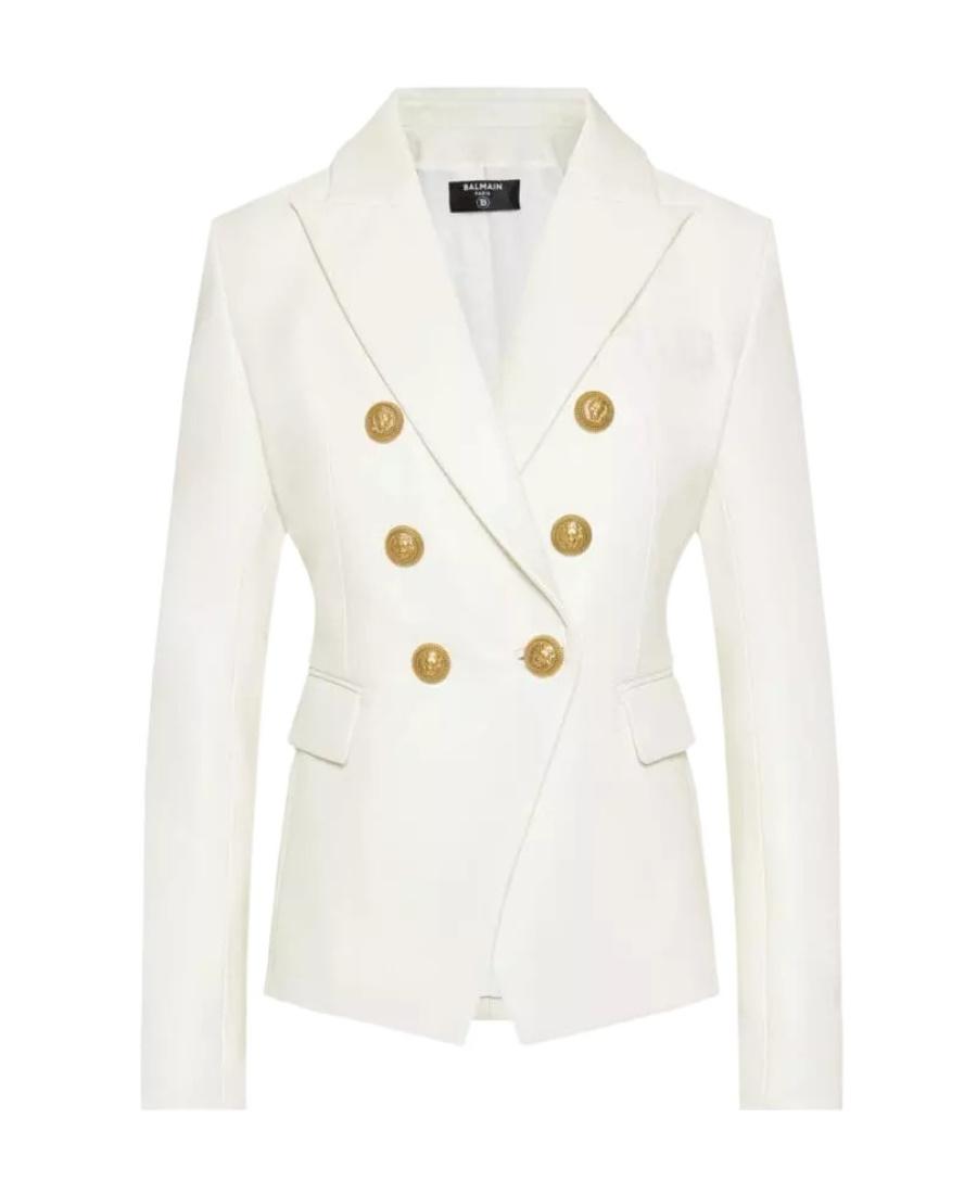 BALMAIN Double-breasted Structured Denim Blazer With Peak Lapel In White Product Image
