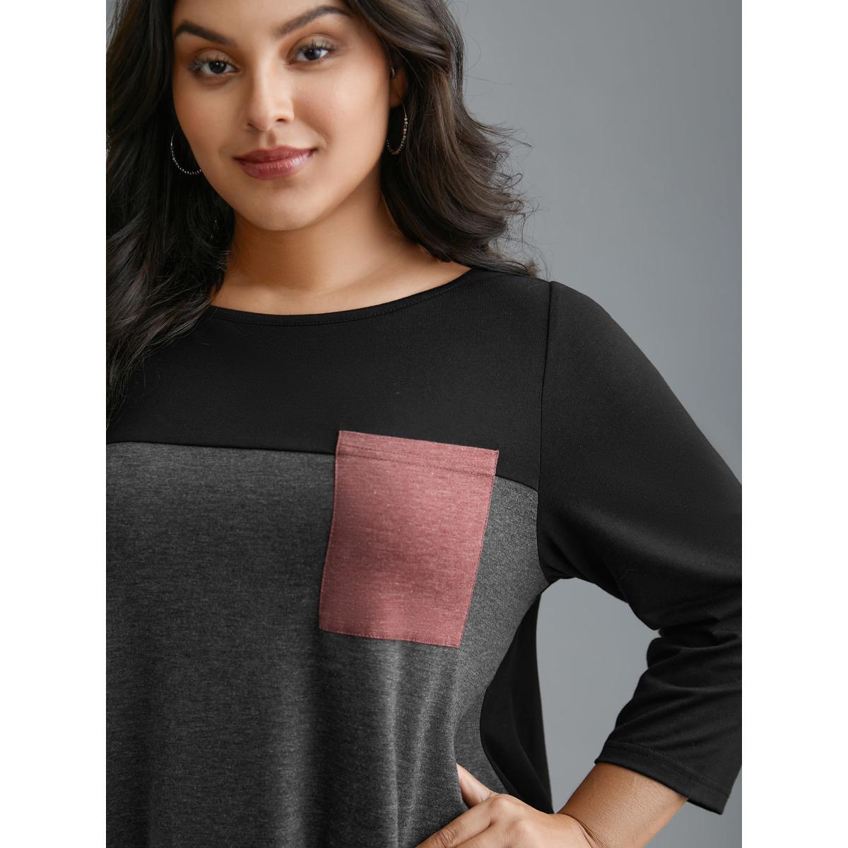 Plus Size Color Block Chest Pocket Round Neck T-Shirt Multicolor Women Casual Contrast Boat Neck Loose Everyday T-shirts BloomChic 18-20/2X Product Image