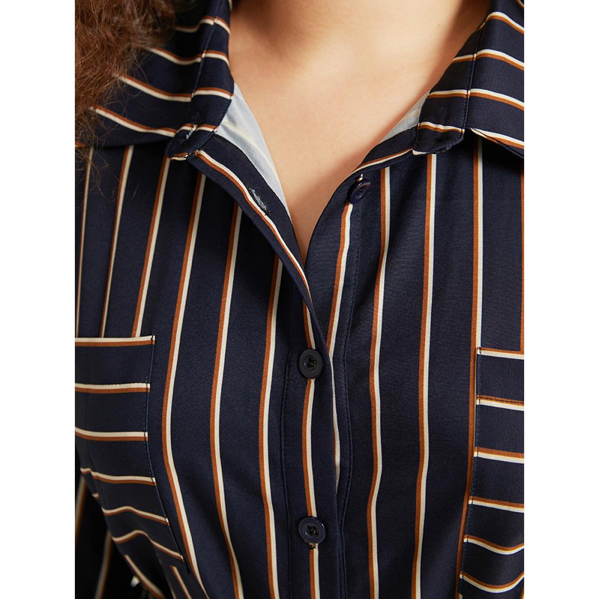 Plus Size Striped Belted Lantern Sleeve Button Through Dress Indigo Women At the Office Belted Shirt collar Long Sleeve Curvy Midi Dress BloomChic 18-20/2X Product Image