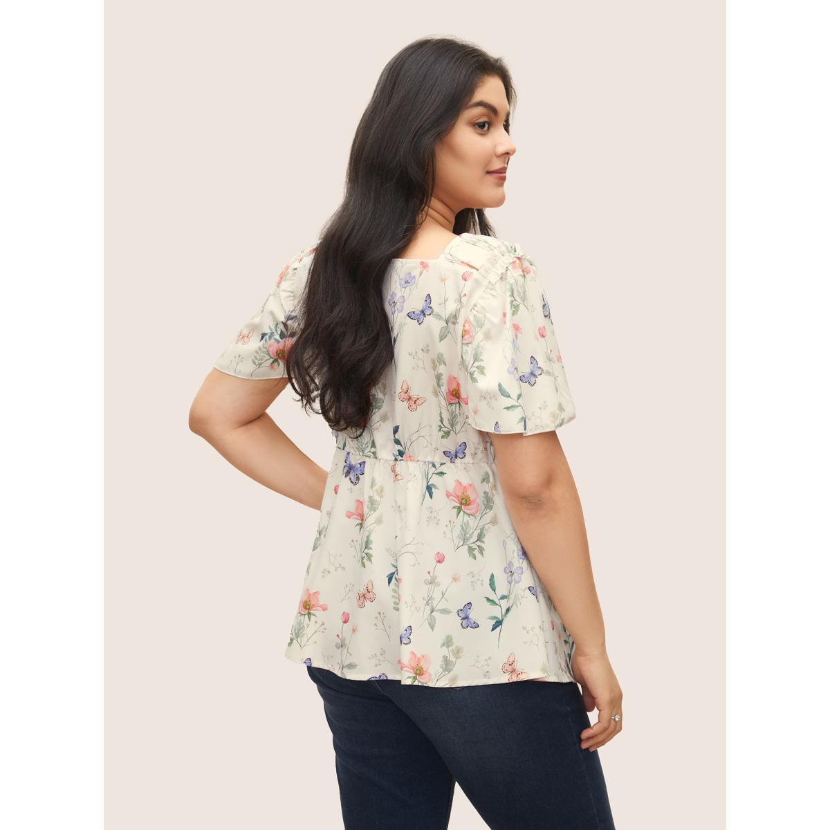 Plus Size Beige Butterfly Ruffles Elastic Waist Ruched Blouse Women Elegant Short sleeve V-neck Everyday Blouses BloomChic 14-16/1X Product Image