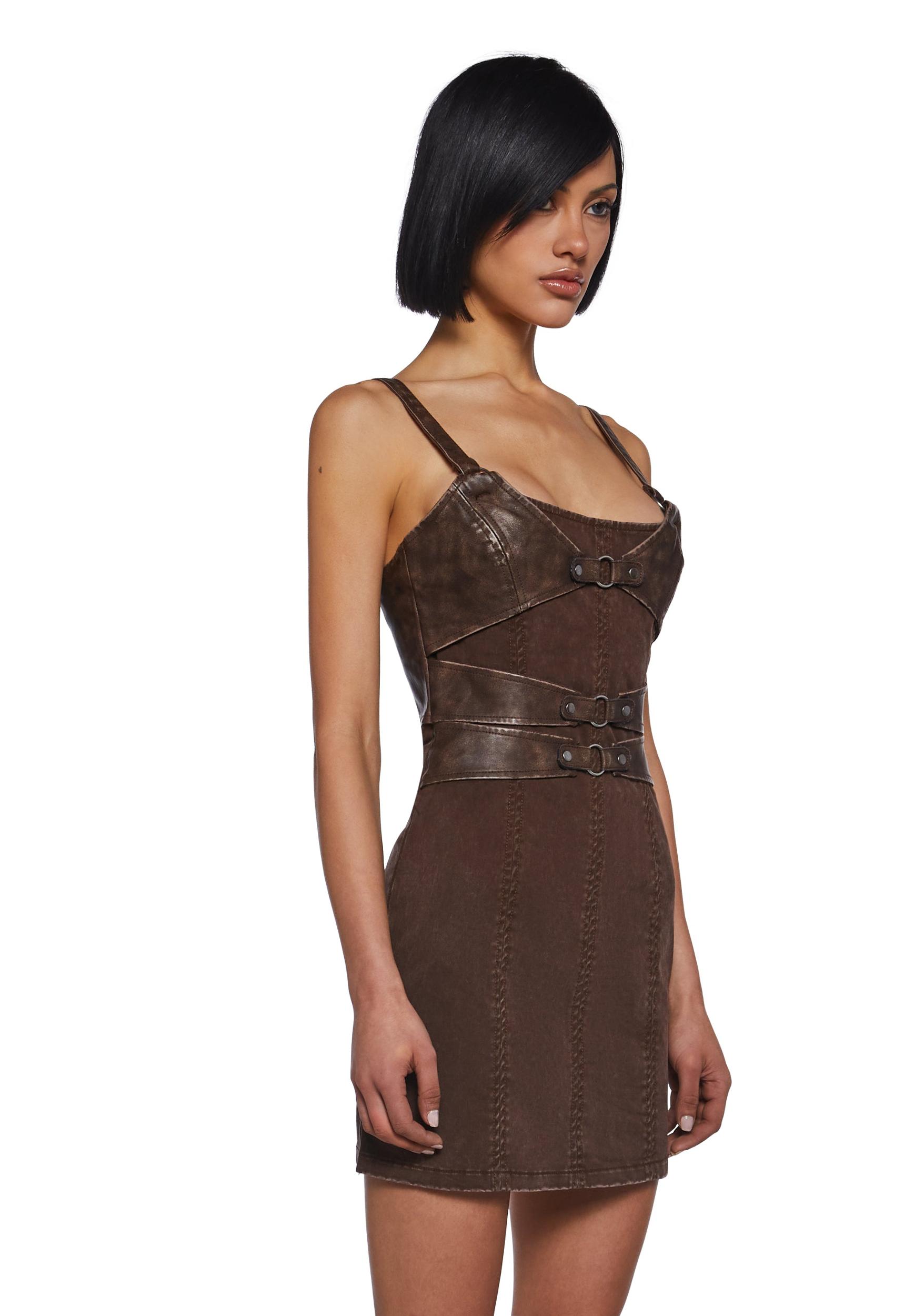 Womens Matte Vegan Leather And Twill Corset Mini Dress Darker Wavs - Brown Product Image