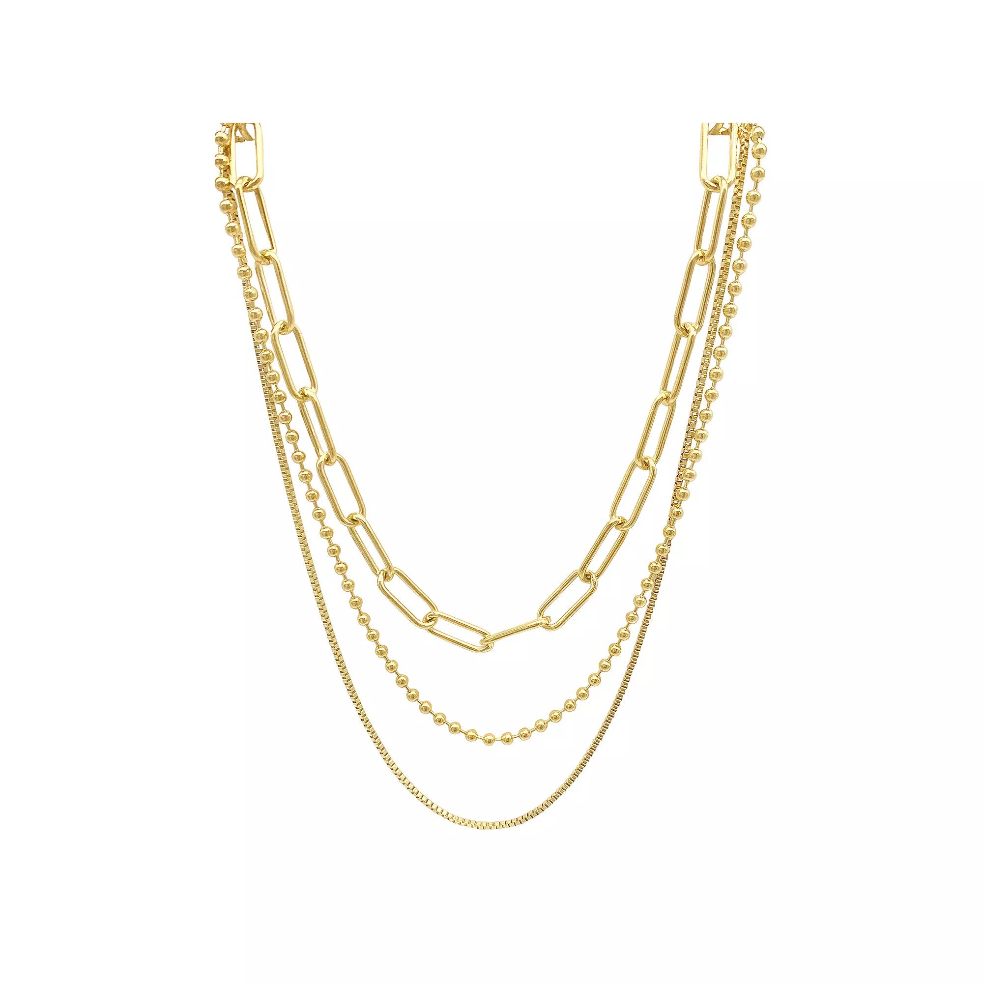 Adornia 14k Gold Plated Stainless Steel Box Chain, Ball Chain, & Oversized Paper Clip Chain Necklace Set, Women's, Size: 18", Gold Tone Product Image