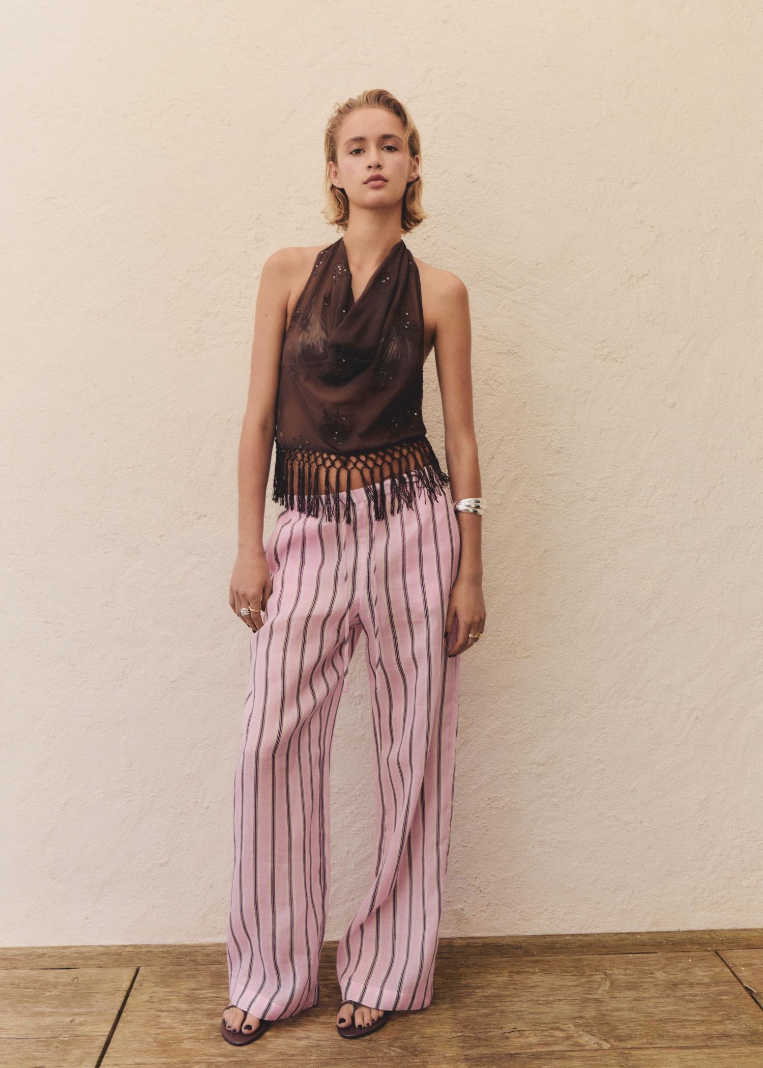 Striped ramie pants - Women | MANGO USA Product Image