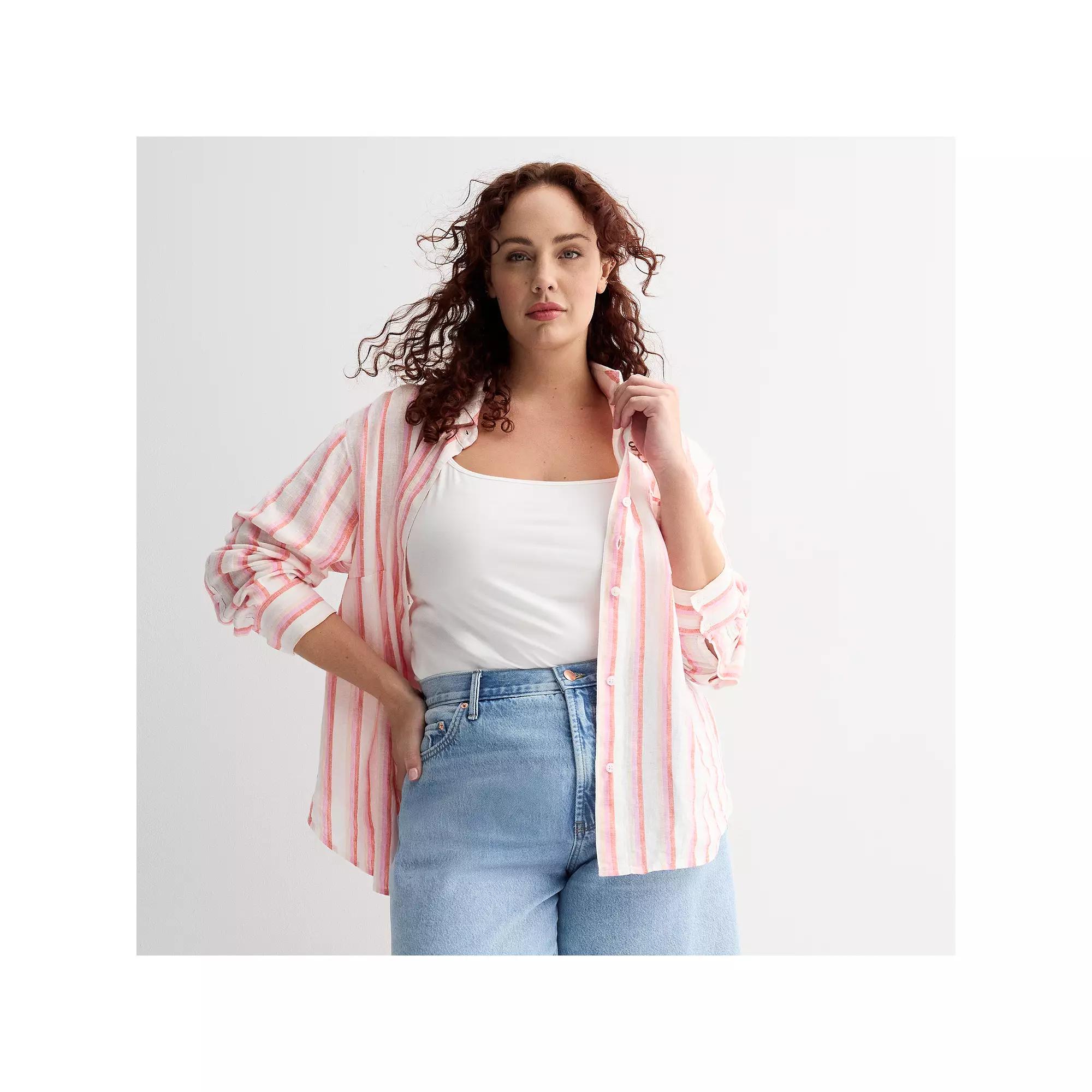 Plus Size Sonoma Goods For Life® Oversized Linen-Blend Boyfriend Shirt, Women's, Size: 4XL, Multi Pink Stripe Product Image