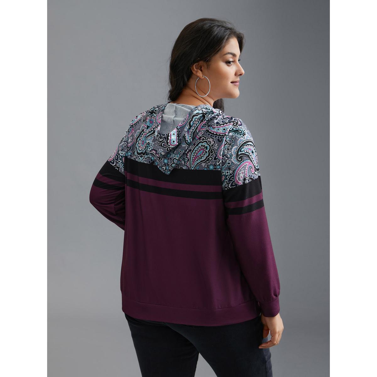 Plus Size Bandana Print Stretchy Contrast Hoodie Women Multicolor Casual Contrast Hooded Everyday Sweatshirts BloomChic 22-24/3X Product Image