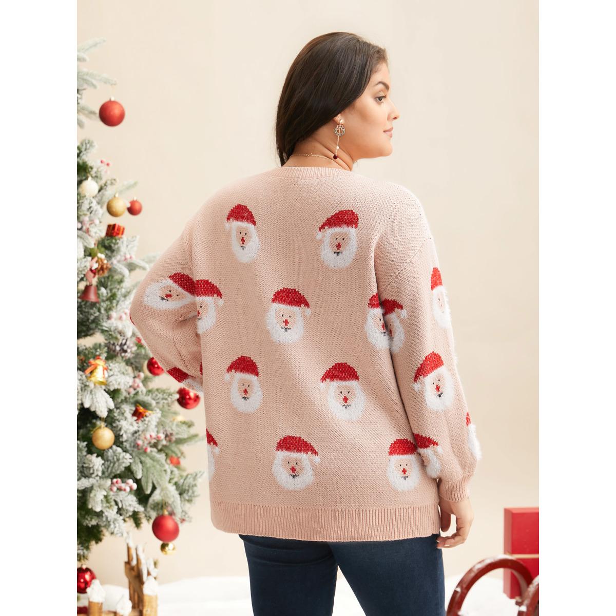 Plus Size Holiday Printed Balloon Sleeves Pullover Nudepink Women Casual Loose Long Sleeve Round Neck Everyday Pullovers BloomChic 12/L Product Image