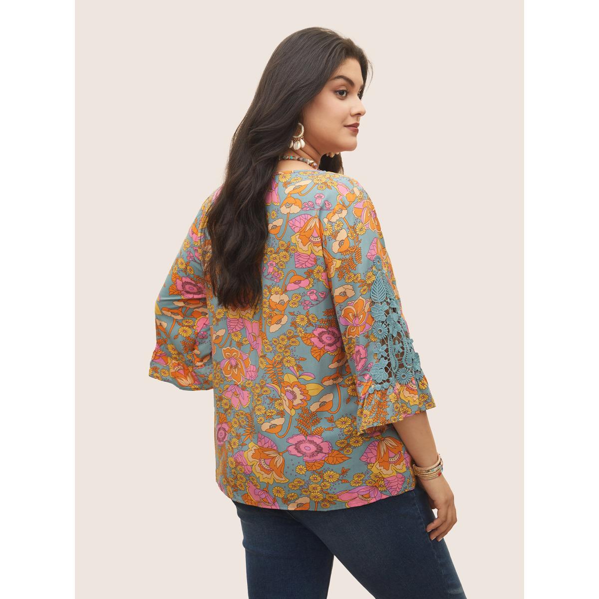 Plus Size Stone Boho Print Guipure Lace Ruffles Blouse Women Boho Elbow-length sleeve V-neck Vacation Blouses BloomChic 28/5X Product Image