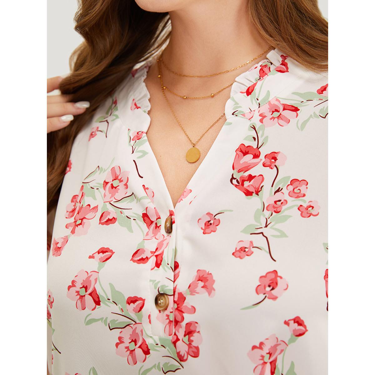 Plus Size White Floral Printed Button Up Flutter Layered Sleeve Blouse Women Elegant Short sleeve Notched collar Dailywear Blouses BloomChic 14-16/1X Product Image