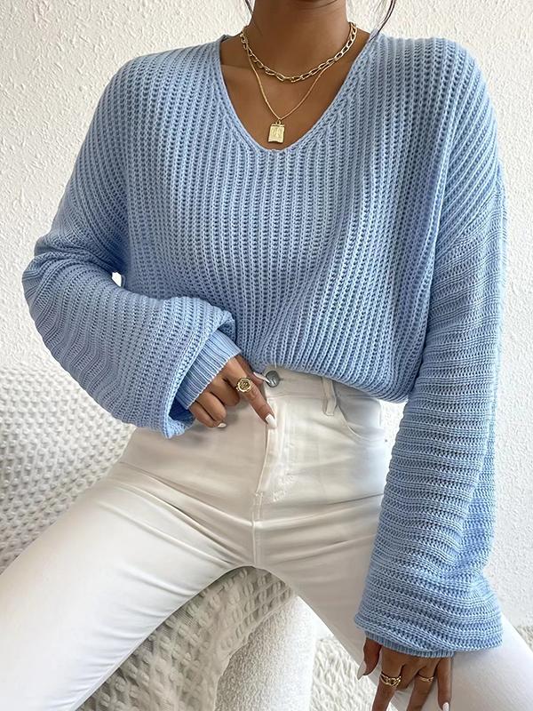 Long Sleeves Loose Solid Color Split-Joint V-Neck Pullovers Sweater Tops Product Image