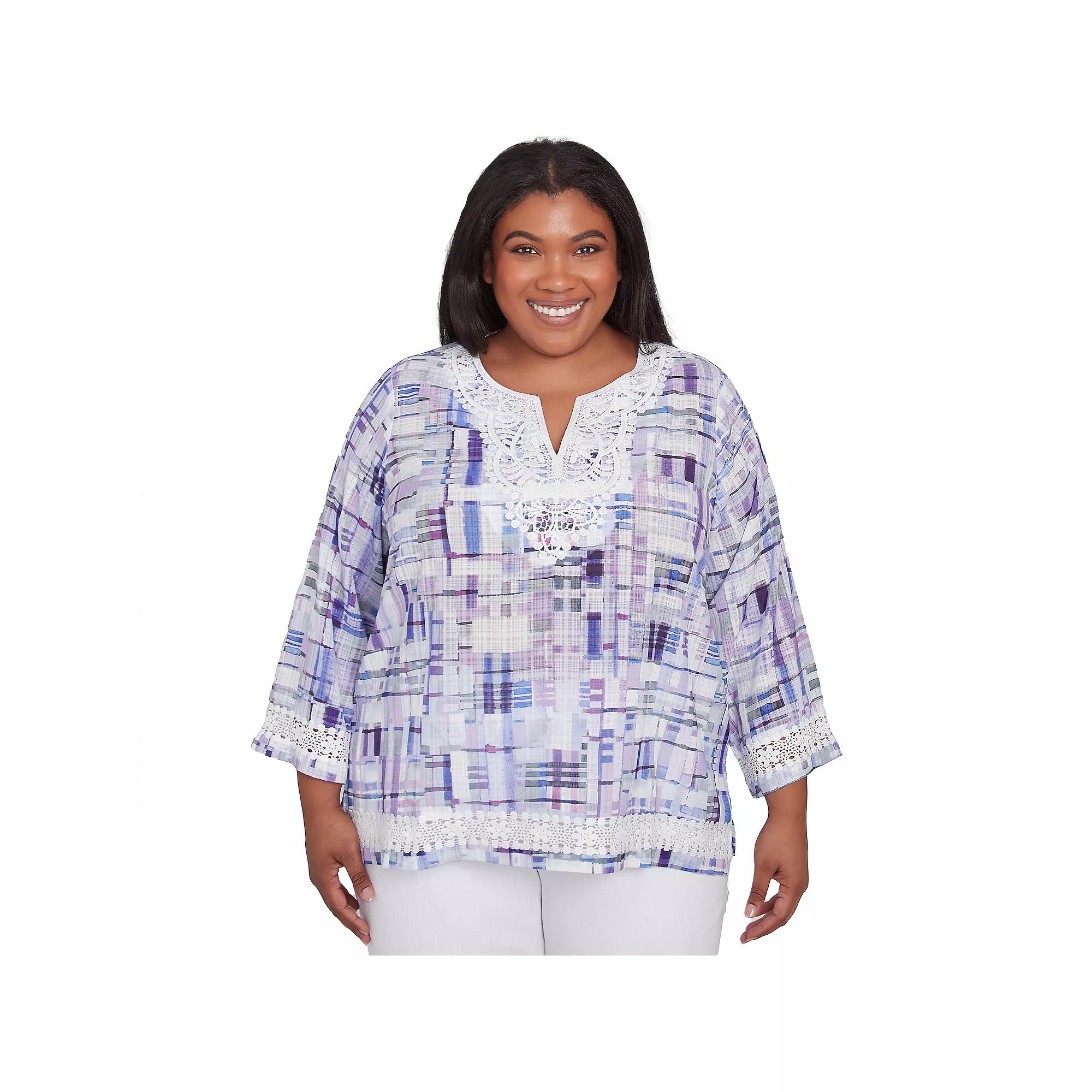 Plus Size Alfred Dunner Watercolor Plaid Lace Neck Top, Women's, Size: 1XL, Purple Product Image