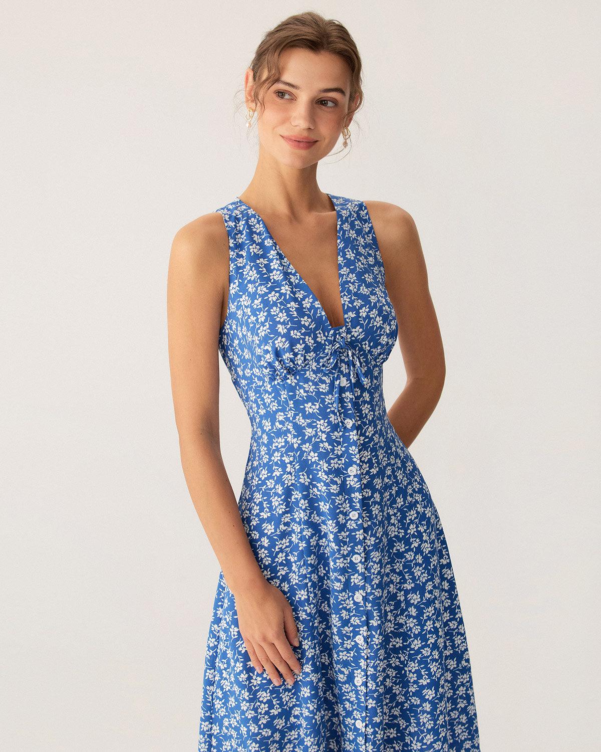 Blue Floral V Neck Sleeveless Midi Dress Product Image