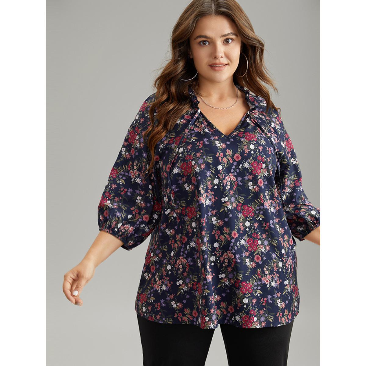 Plus Size Indigo Ditsy Floral Tie Neck Elastic Cuffs Blouse Women Elegant Elbow-length sleeve Tie Neck Dailywear Blouses BloomChic 30/6X Product Image
