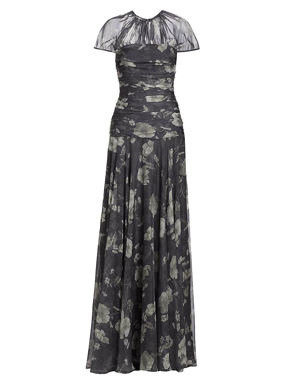 Womens Ruched Floral Chiffon Gown Product Image
