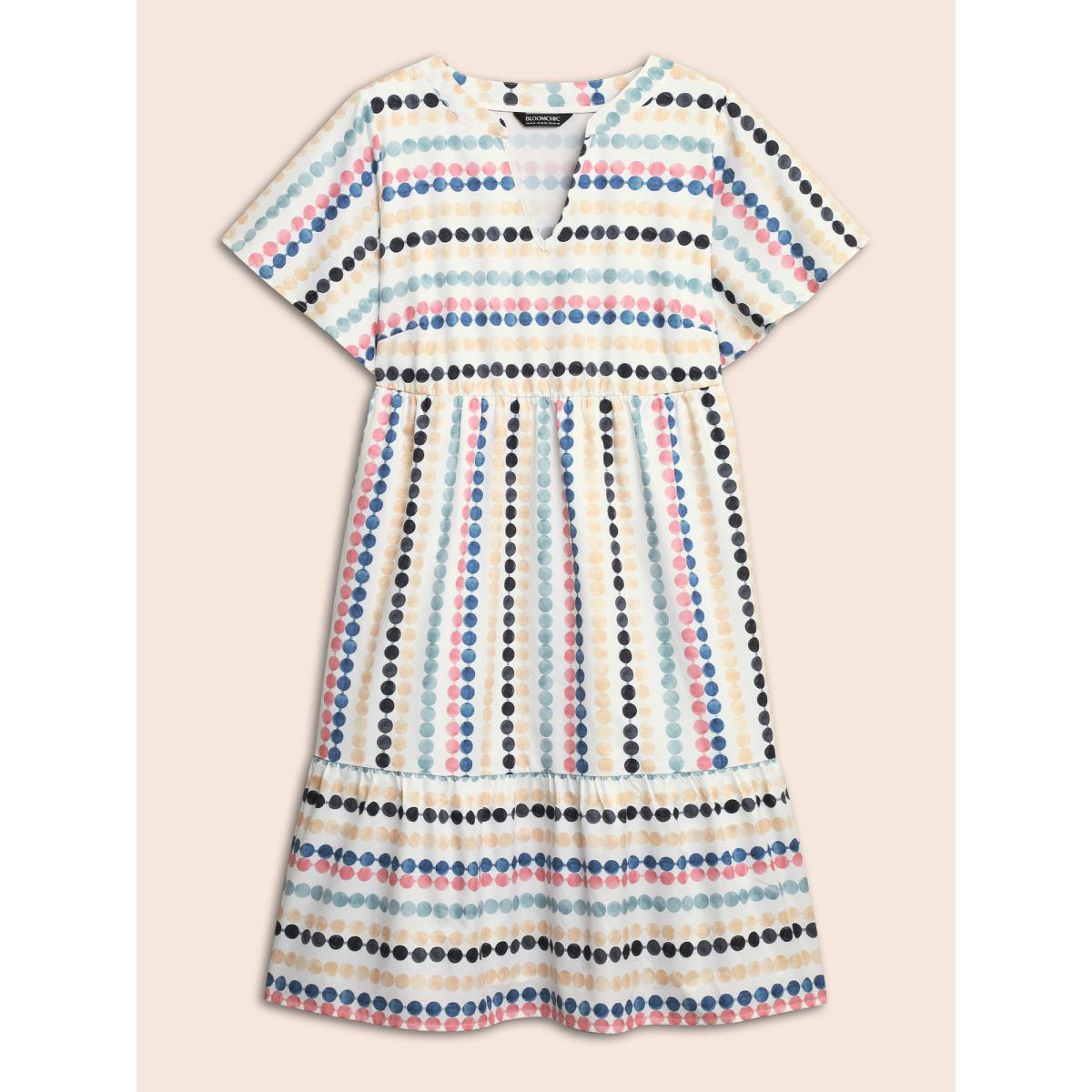 Plus Size Dot Print Elastic Waist Split Neck Midi Dress WhiteSmoke Women Playful Ruffles Flat collar with V-notch Short sleeve Curvy BloomChic 26/4X Product Image