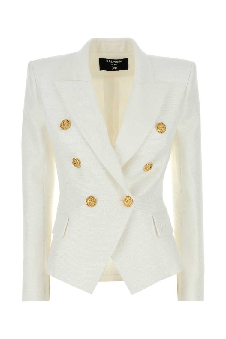 BALMAIN Double-breasted Structured Denim Blazer With Peak Lapel In White Product Image