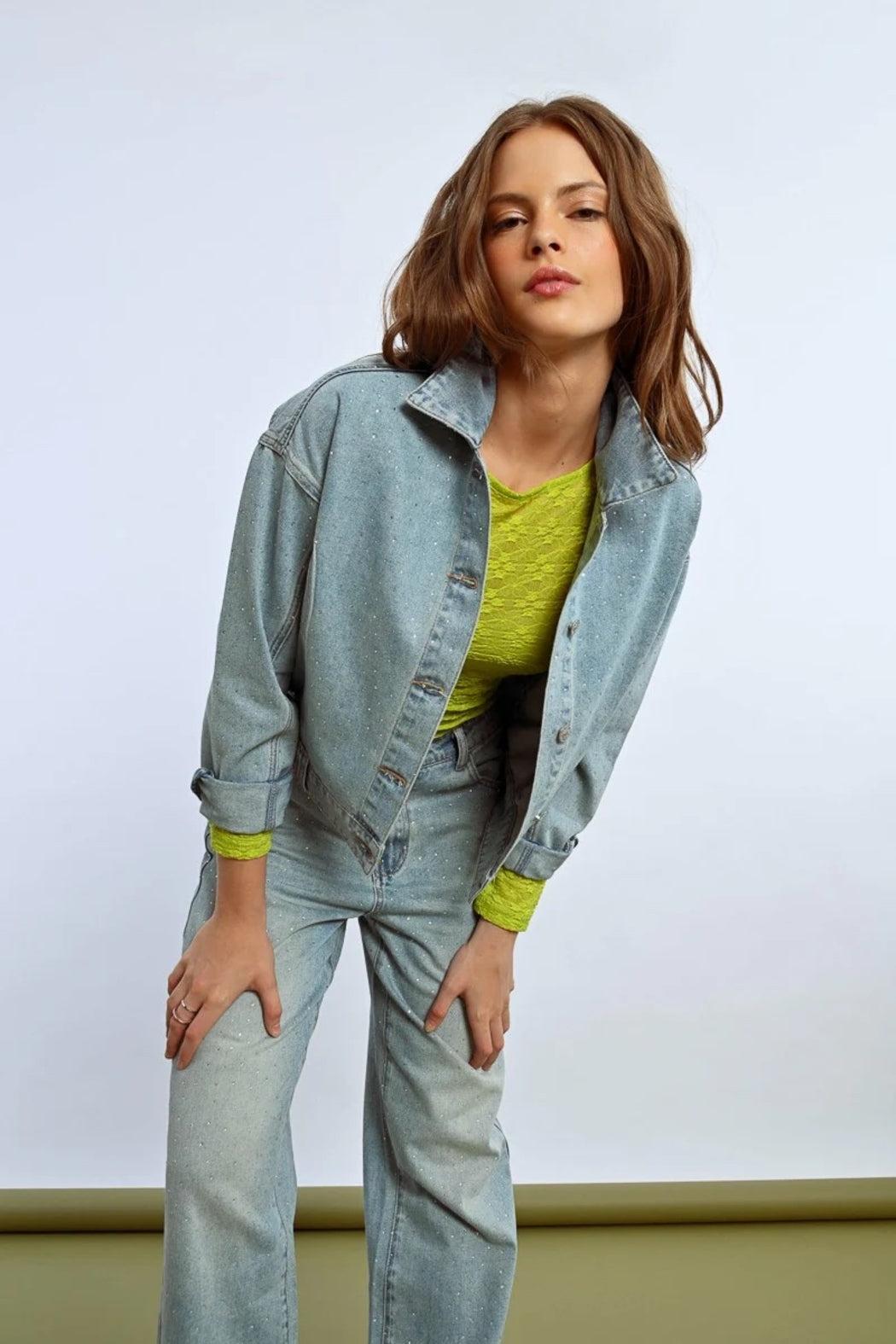 Rhinestone Denim Jacket Product Image