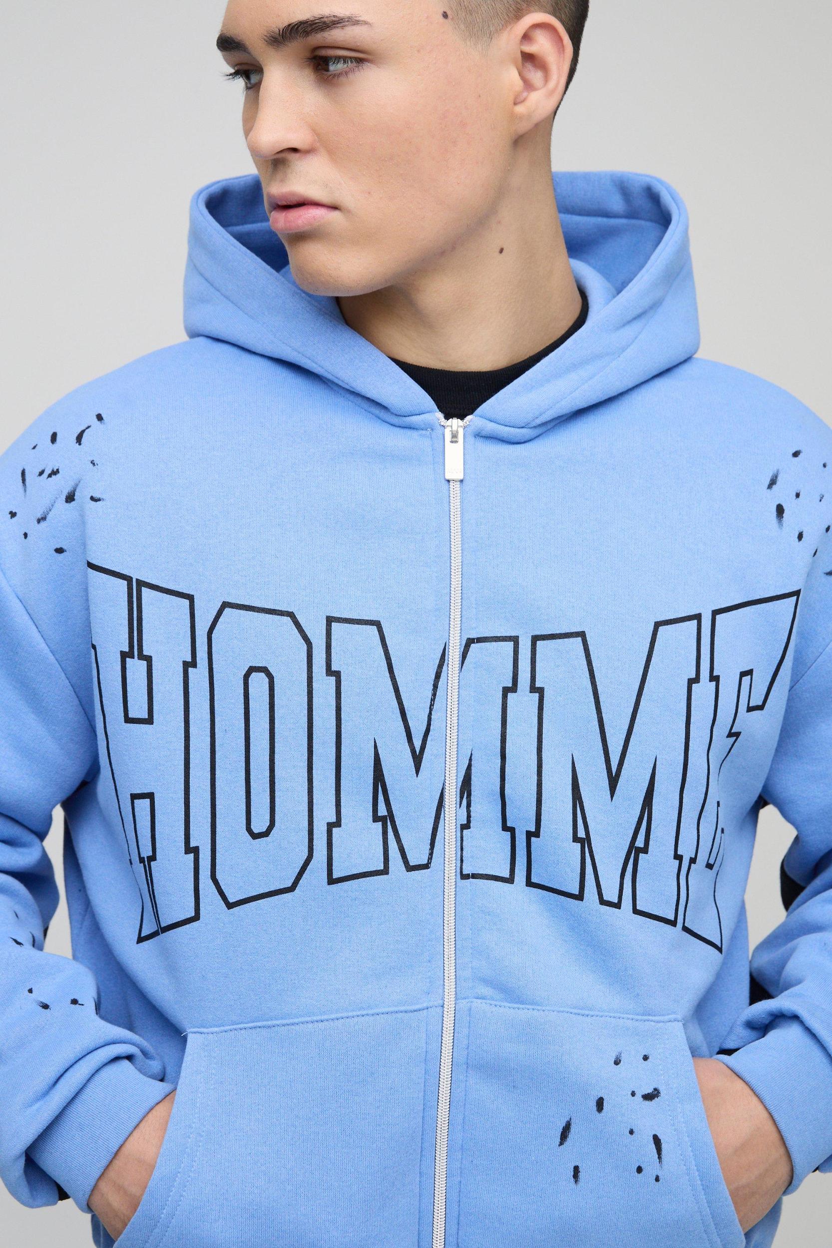 Oversized Boxy Homme Paint Splatter Zip Through Hoodie | boohooMAN USA Product Image