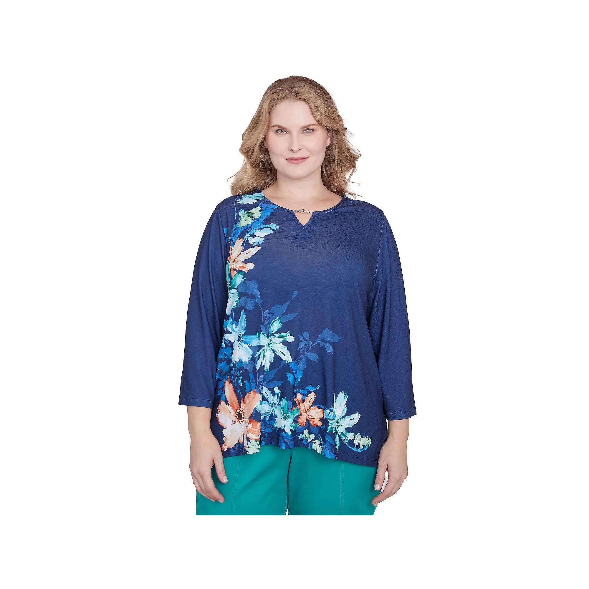 Plus Size Alfred Dunner Asymmetric Floral Beaded Neck Split Neck Top, Women's, Size: 3XL, Marine Blue Product Image