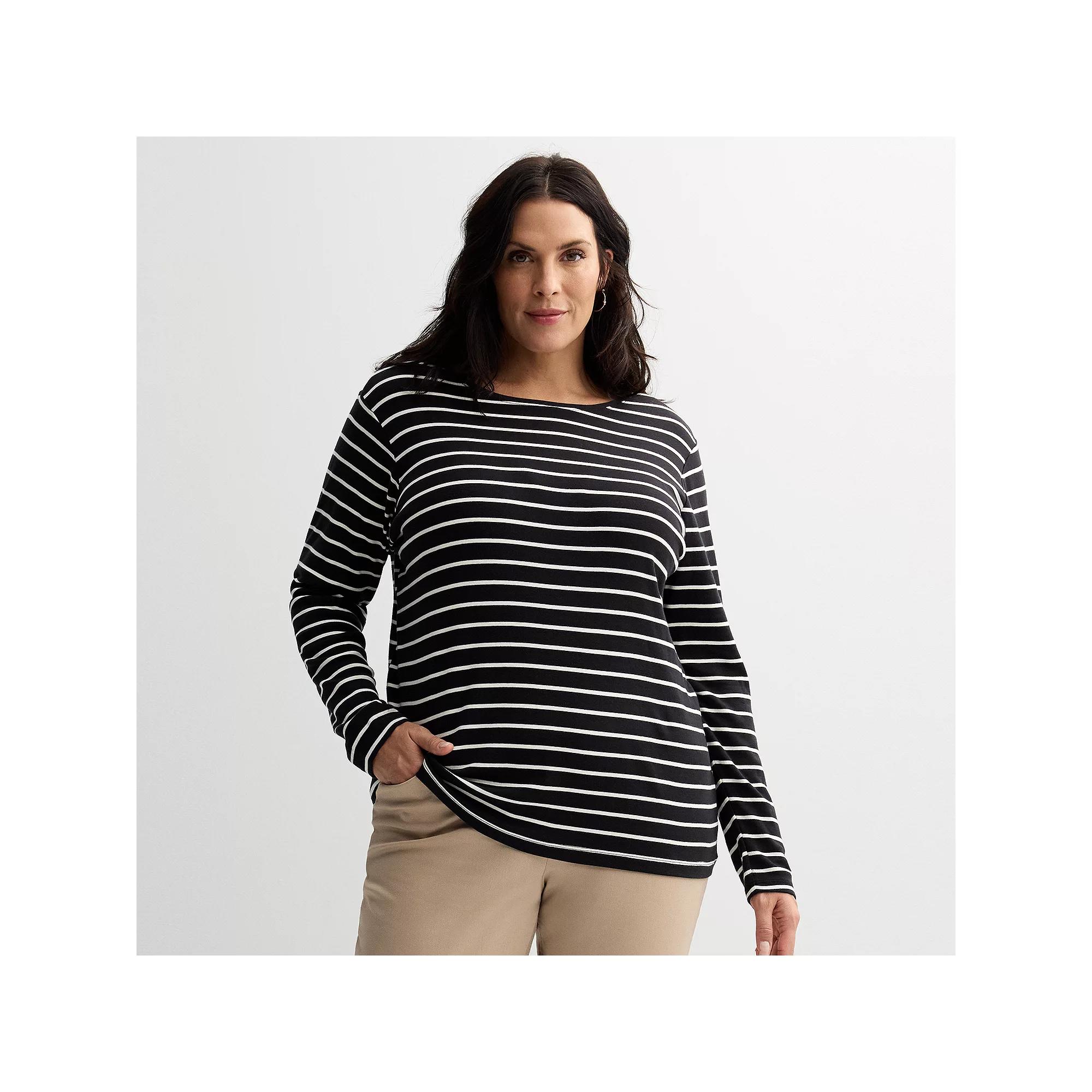 Plus Size Croft & Barrow® Essential Crewneck Long Sleeve Tee, Women's, Size: 3XL, Black Classy Stripe Product Image