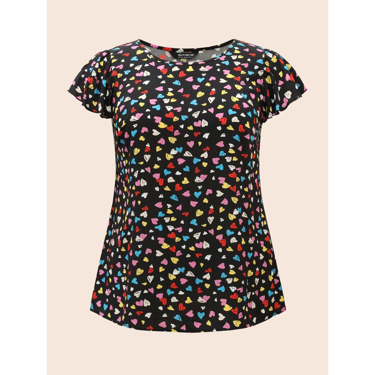 Plus Size Black Heart Pattern Ruffle Sleeves Blouse Women Casual Cap Sleeve Round Neck Everyday Blouses BloomChic 14-16/1X Product Image