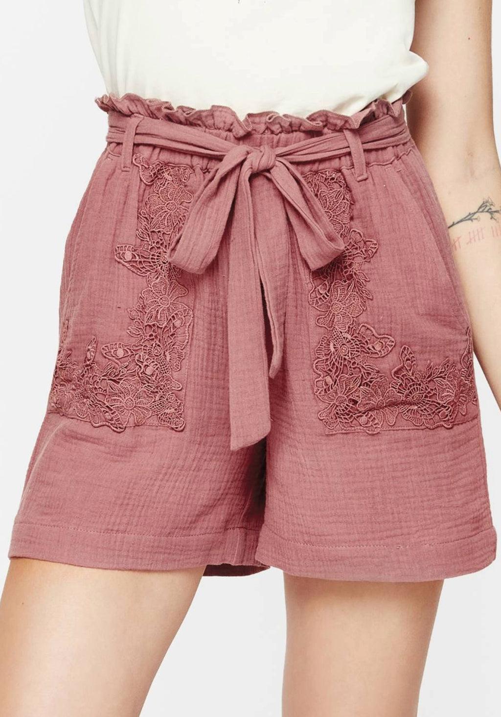 Rosamoth Applique Trim Cotton Tie Waist Shorts Product Image