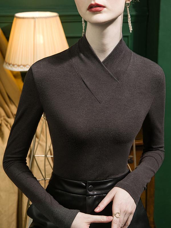 Long Sleeves Plus Size Solid Color Split-Joint V-Neck T-Shirts Product Image