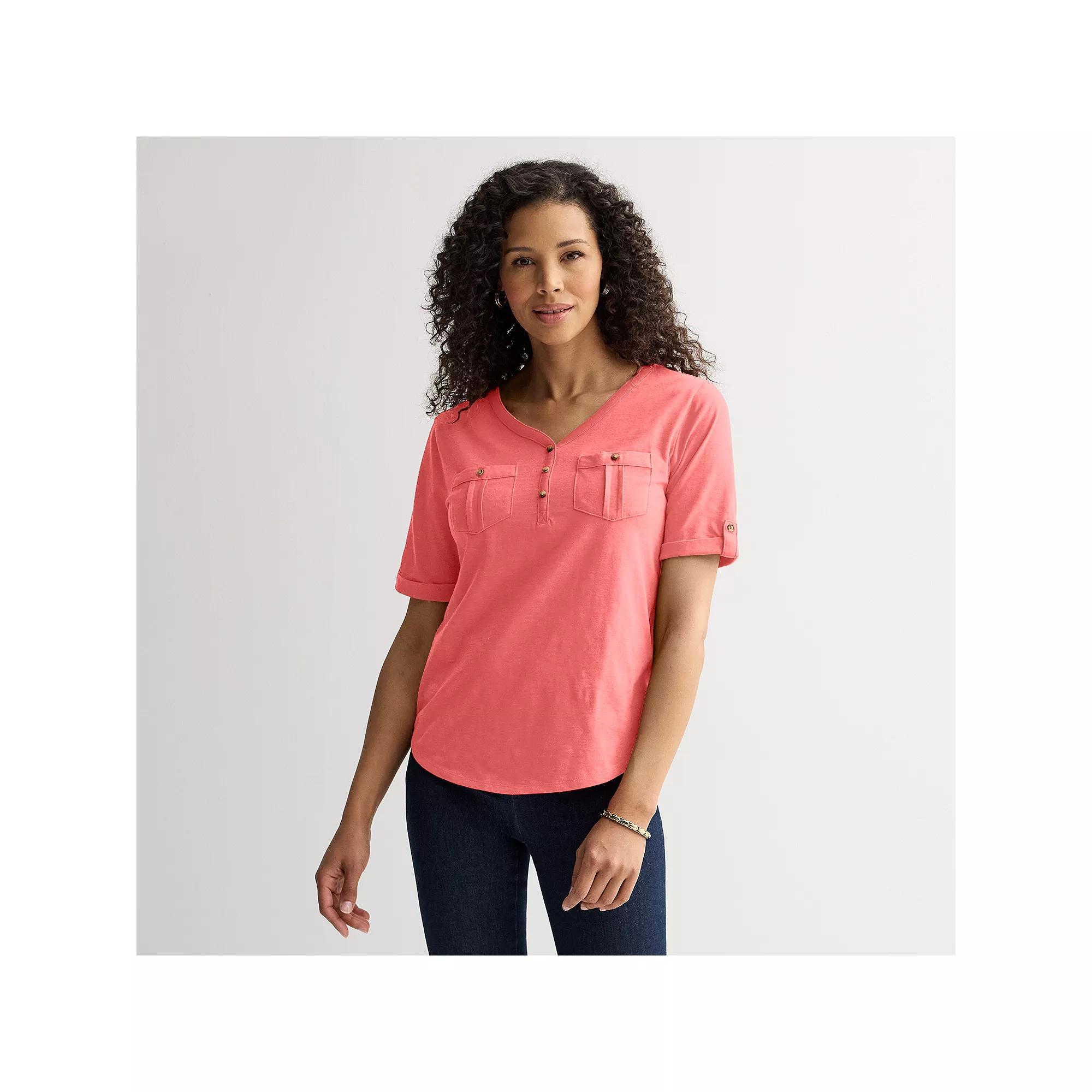 Women's Croft & Barrow® Elbow Sleeve Utility Henley Top, Size: XL, Pink Product Image