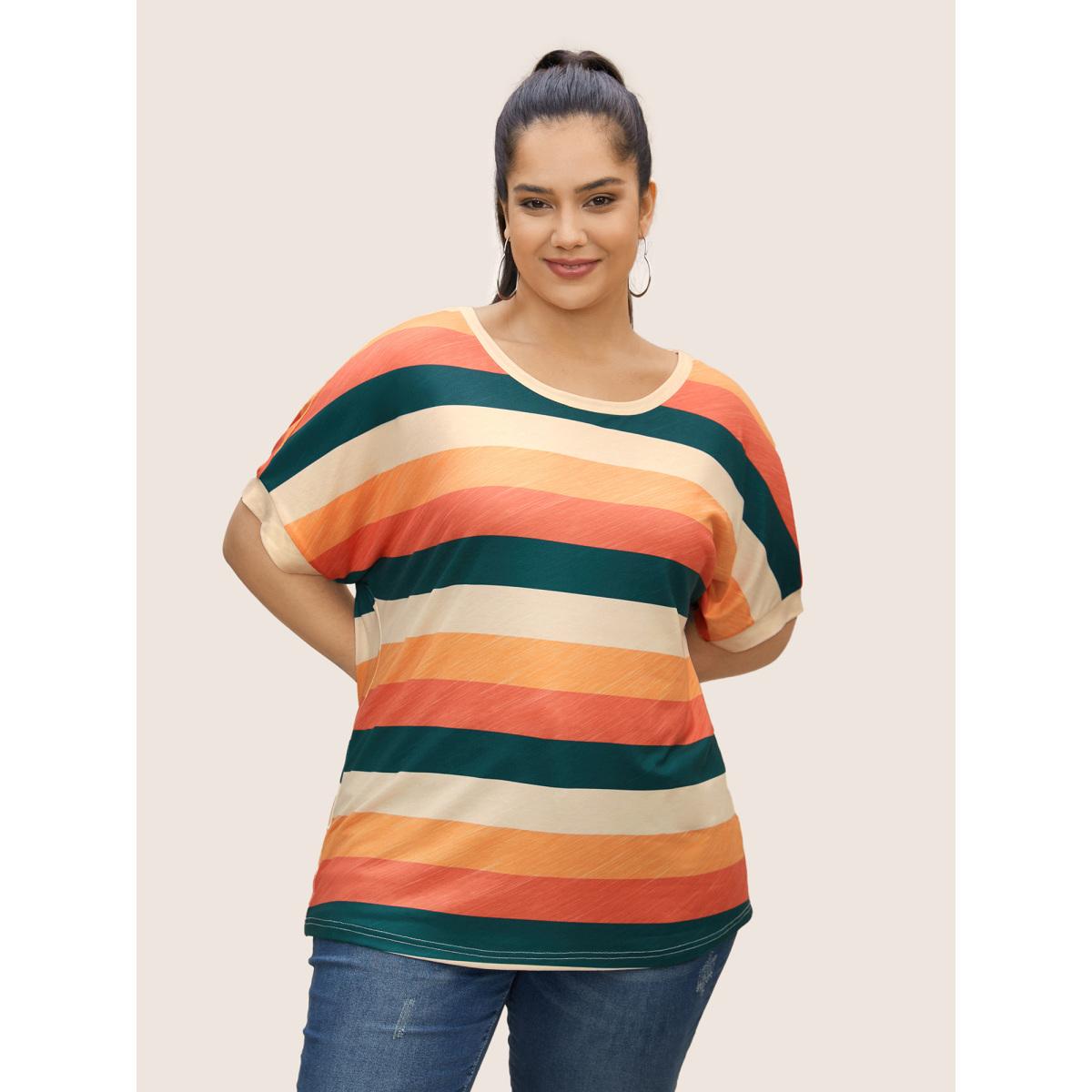 Plus Size Colored Striped Crew Neck Batwing Sleeve T-shirt Multicolor Women Casual Contrast Round Neck Everyday T-shirts BloomChic 28/5X Product Image