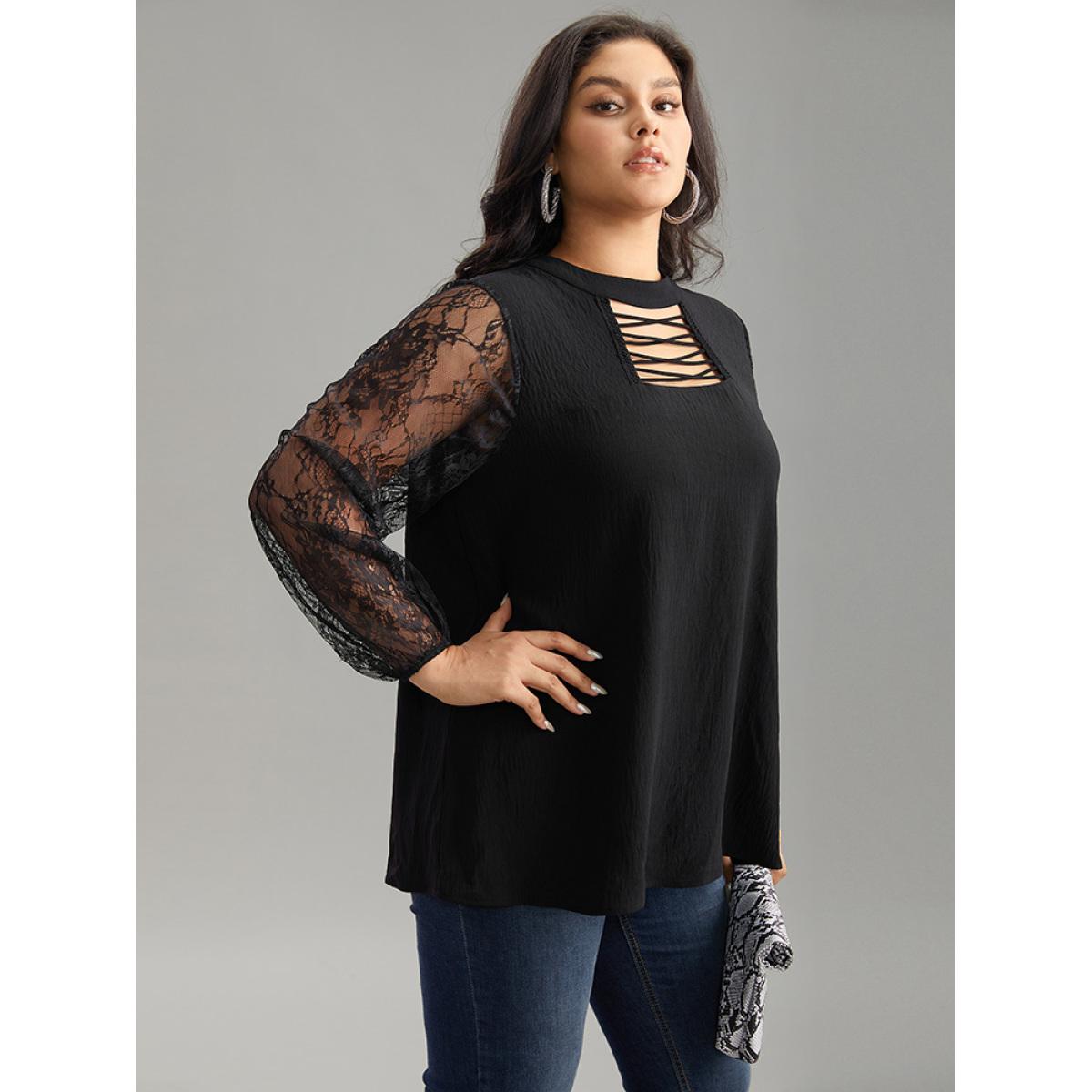 Plus Size Black Halloween Eyelet Lace Cut Out Mesh Blouse Women Elegant Long Sleeve Keyhole Cut-Out Festival-Halloween Blouses BloomChic 28/5X Product Image