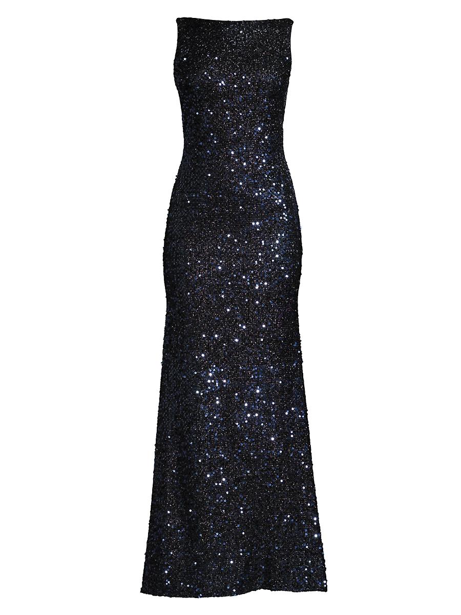 Ieena for Mac Duggal Sequin Drape Back Detail Boat Neck Sleeveless Sheath Gown Product Image