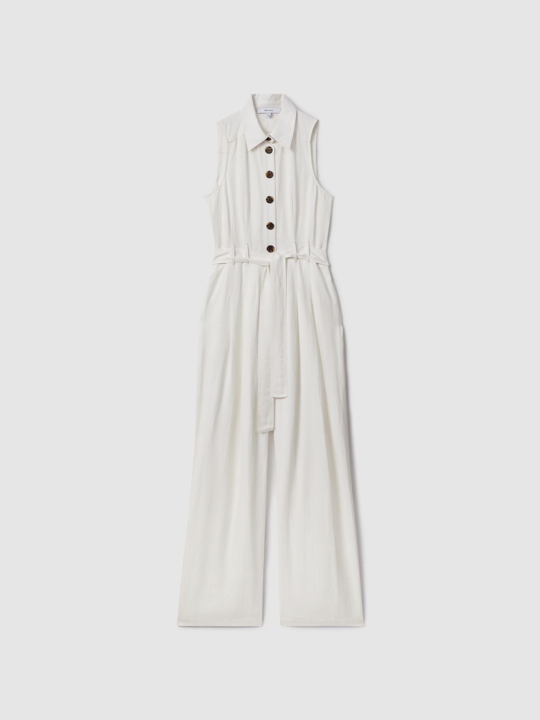 Petite Belted Wide Leg Jumpsuit in White Product Image