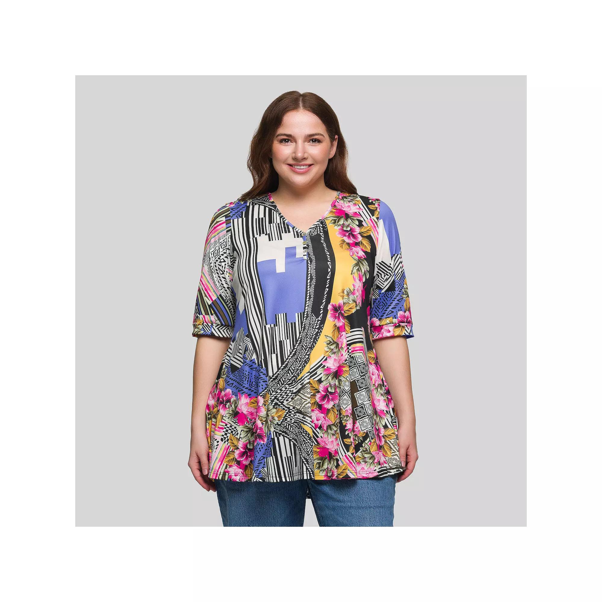 Plus Size 24Seven Comfort Apparel Floral Print Elbow Sleeve V-Neck Henley Shirt, Women's, Size: 3XL, Blue Team Product Image