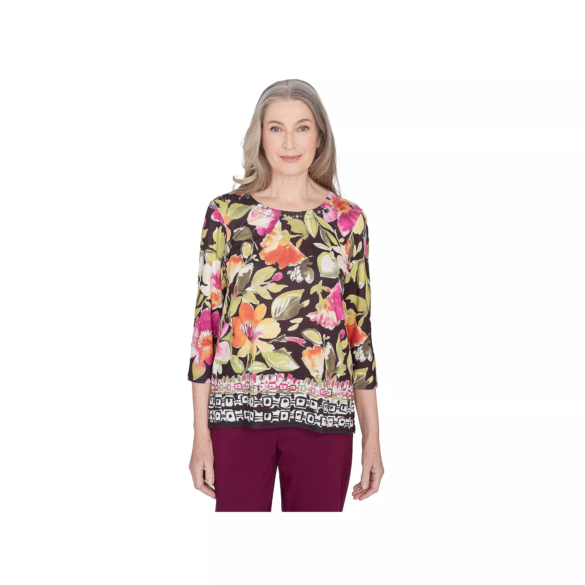 Petite Alfred Dunner Bold Floral Geometric Border Top, Women's,  Product Image
