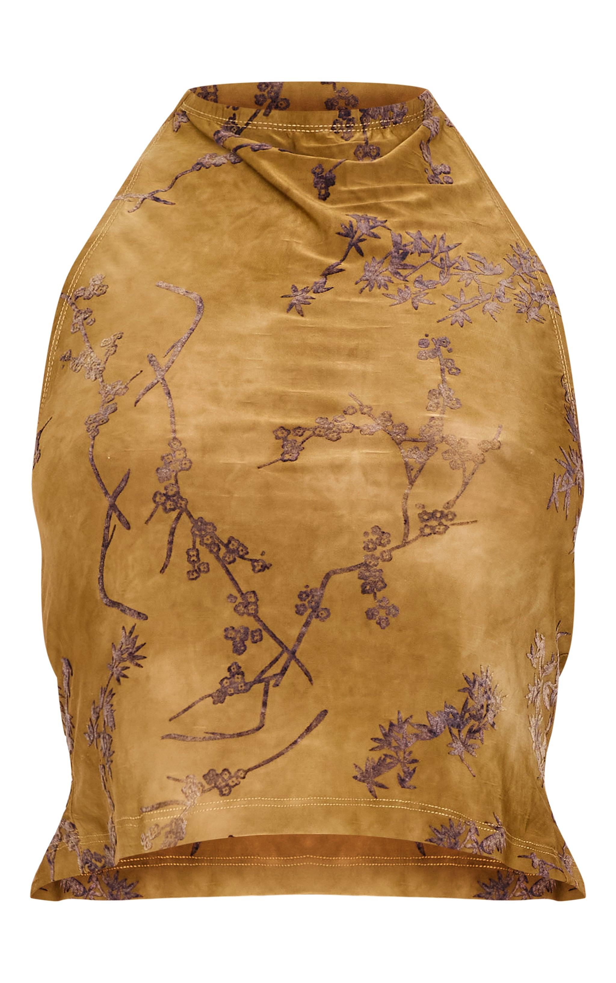 Khaki Devore High Neck Back Detail Long Top Product Image