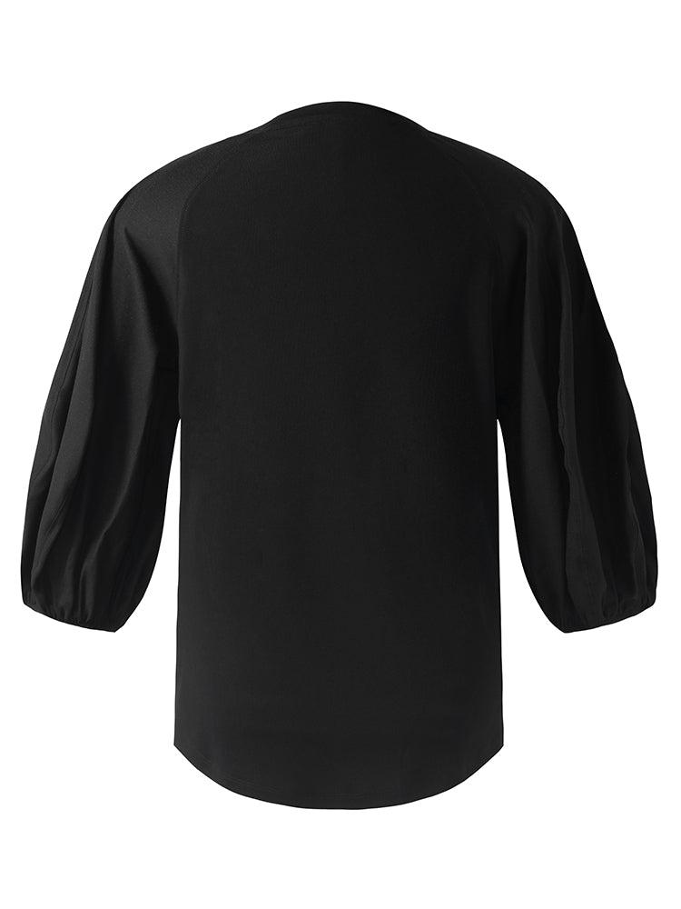 Acetate Ballon Sleeves Patchwork Women Top Product Image