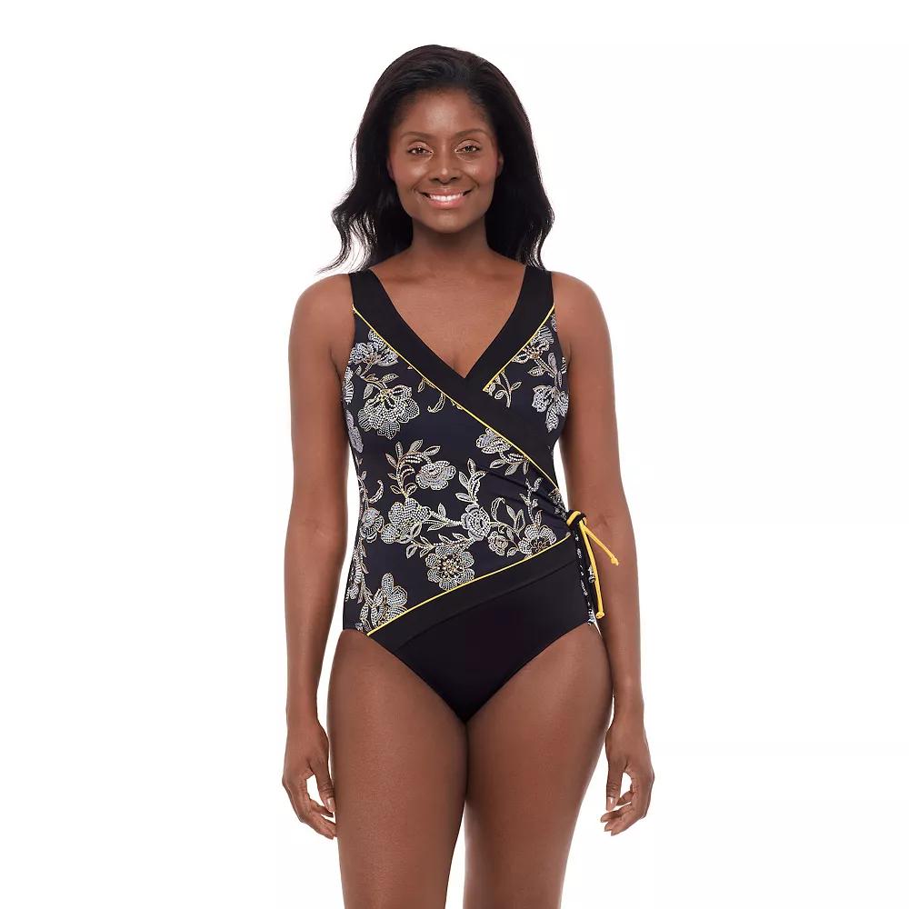 Women's Great Lengths Black Floral Tassel Surplice One Piece Swimsuit,  Product Image