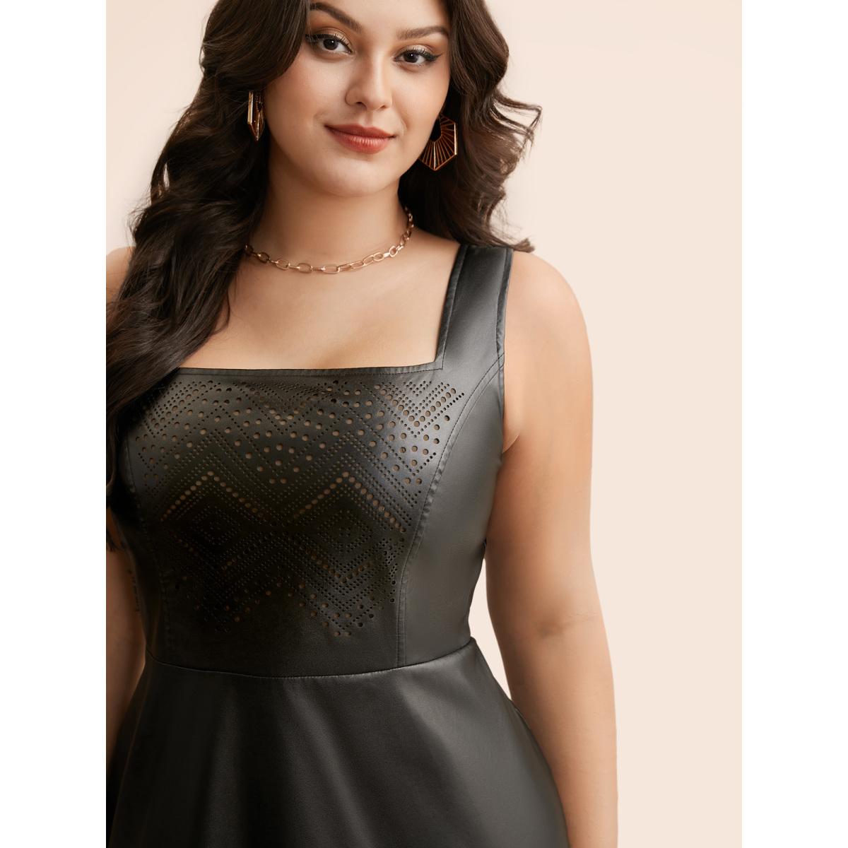Plus Size Solid PU Leather Laser Cut Dress Black Women Elegant Texture Square Neck Sleeveless Curvy BloomChic 30/6X Product Image