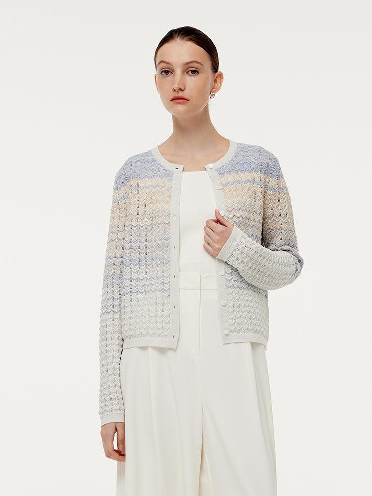 Cotton Blue And White Gradient Stripe Women Cardigan Product Image
