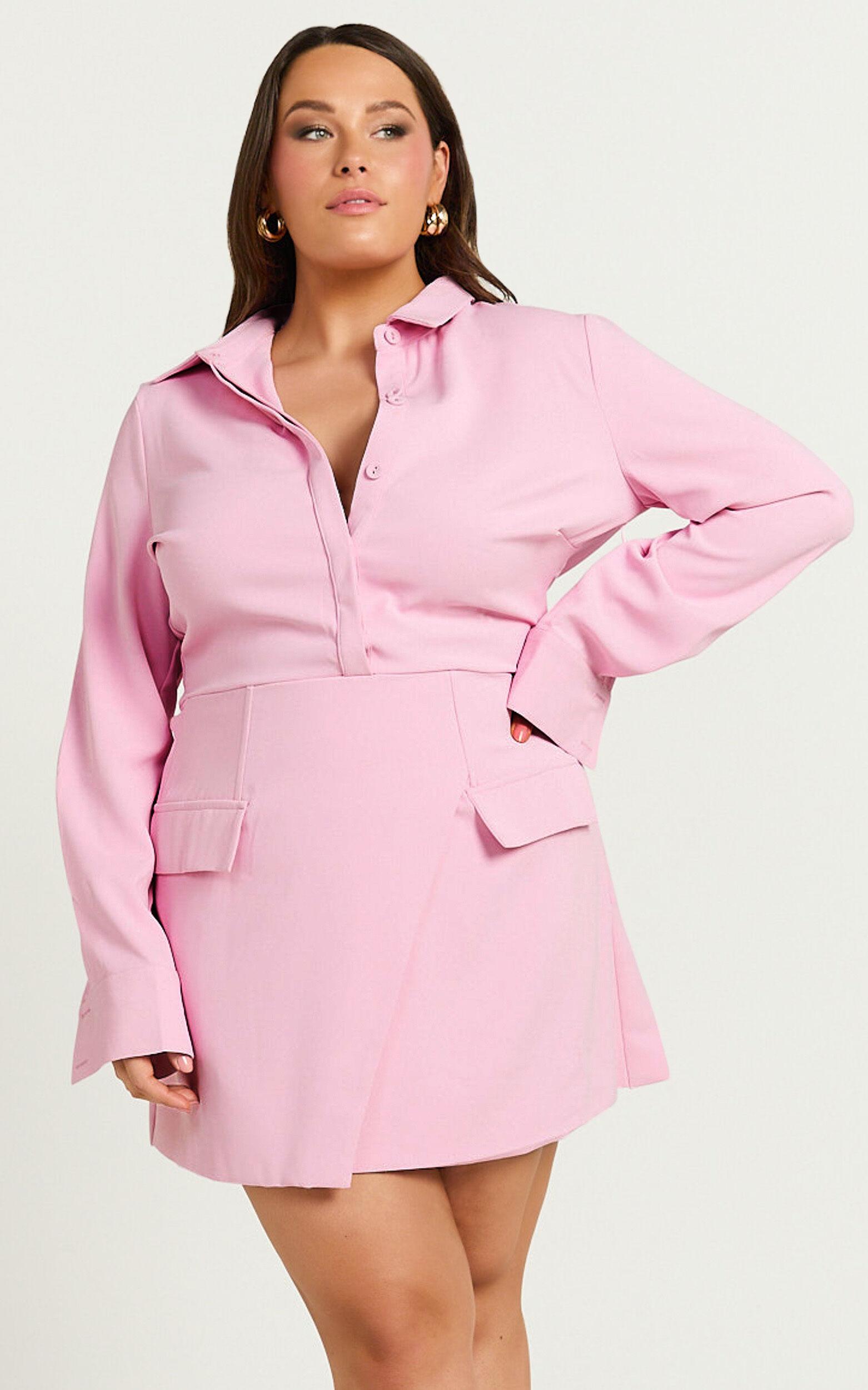 Wanda Mini Dress - Long Sleeve Faux Wrap Dress in Pink Product Image