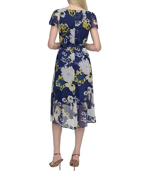 DKNY by Donna Karan Woven Floral Print V Neck Short Sleeve Faux Wrap Fit and Flare Dress Product Image