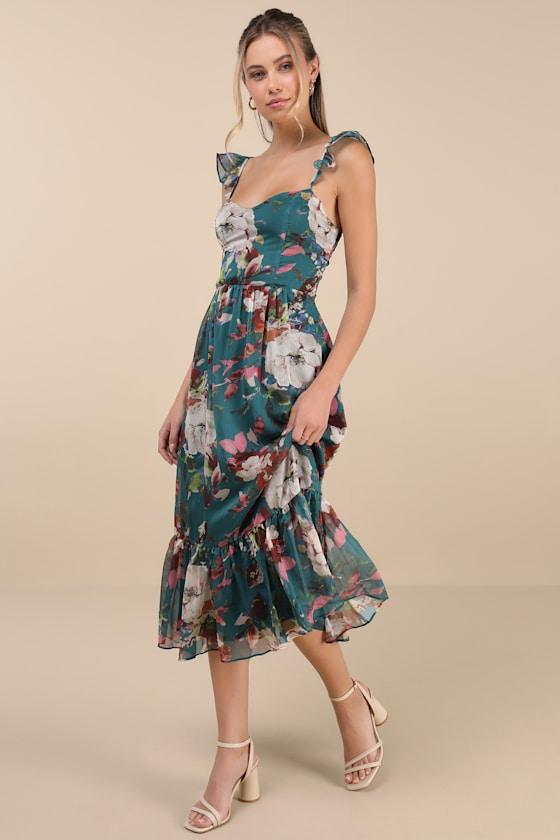 Jenneth Teal Floral Ruffled Midi Dress Product Image